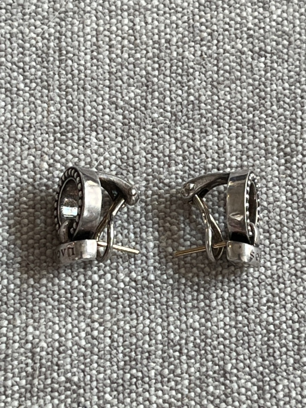 Sterling silver Caviar beaded circle earrings with a bar that details the LAGOS - Picture 3 of 9